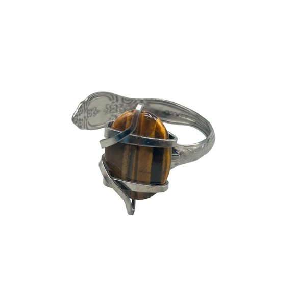 Flatware Jewelry Handcrafted Fork Bangle Bracelet Tiger Eye Stone Primitive - Picture 1 of 11